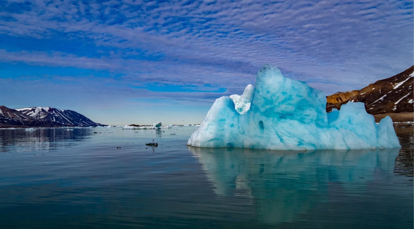 Pale blue iceberg reflected in still Arctic water under a mackerel sky